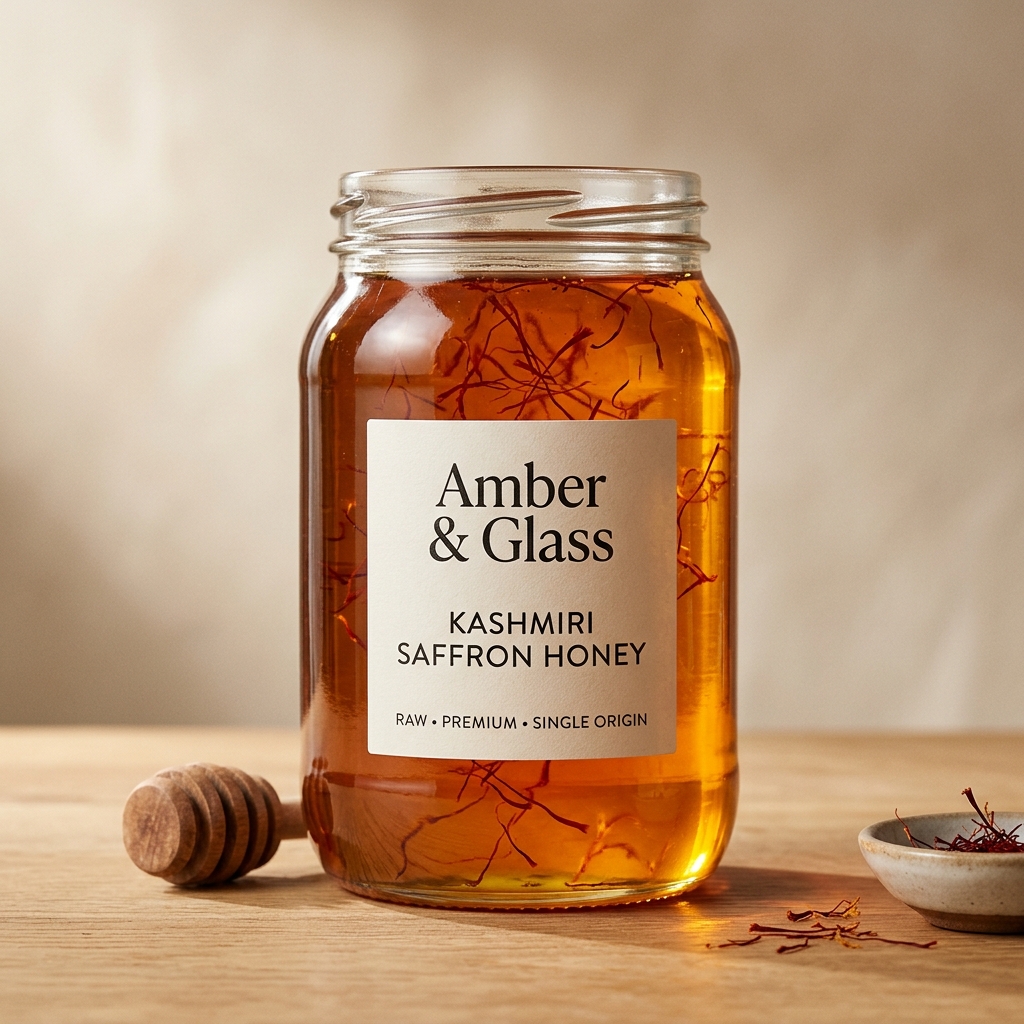 Kashmiri Saffron Infused Raw Honey Jar with visible saffron threads